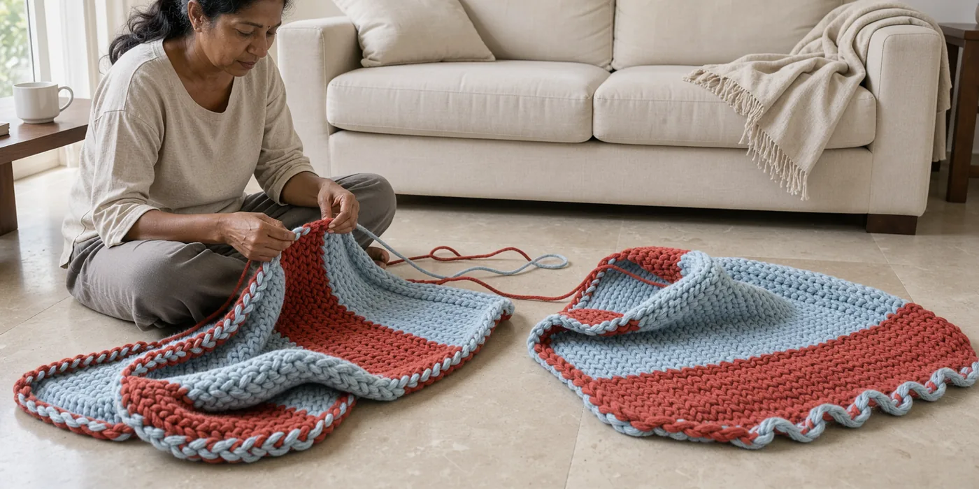 An amateur knitter's hands holding red and pale-blue blanket fabric above a light stone floor in a shared living room.
