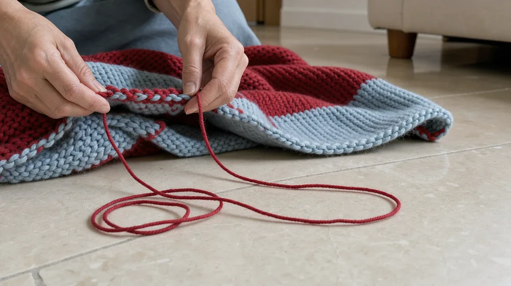 Loose red yarn resting near the unfinished pale-blue edge of a blanket on a stone living-room floor.