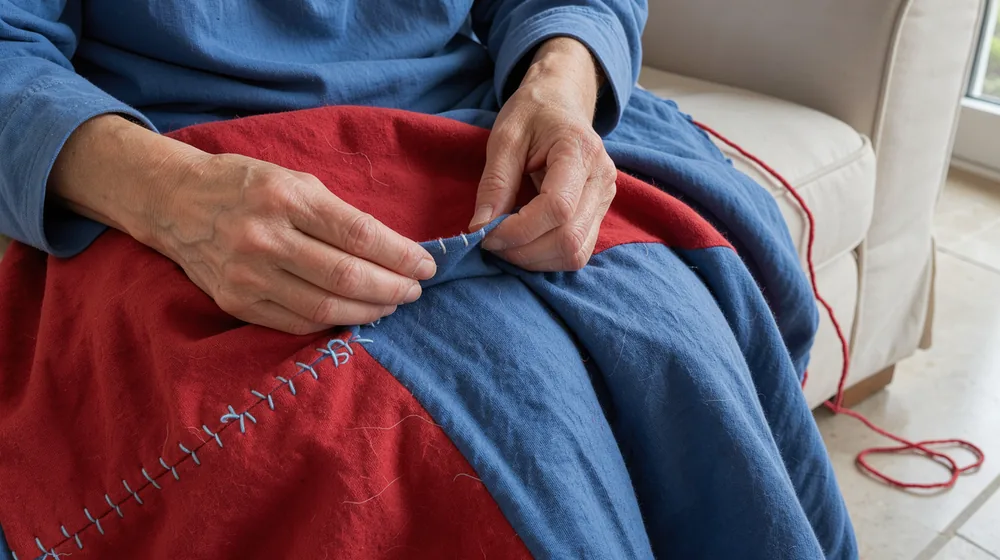 A pale-blue section of unfinished blanket held in ordinary hands, with red yarn loose at its edge.