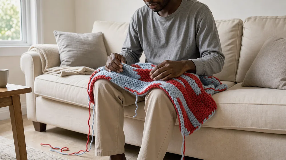 A knitter pausing with hands resting on red and pale-blue fabric beside a cream sofa.
