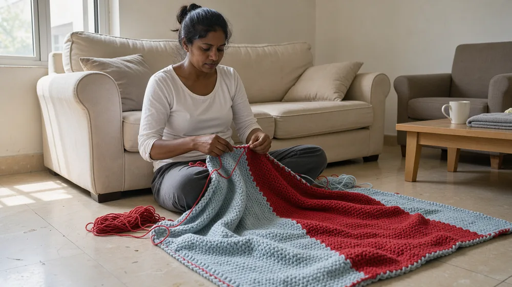 An unfinished red-and-blue blanket spreading from an amateur knitter's lap onto a bright living-room stone floor.