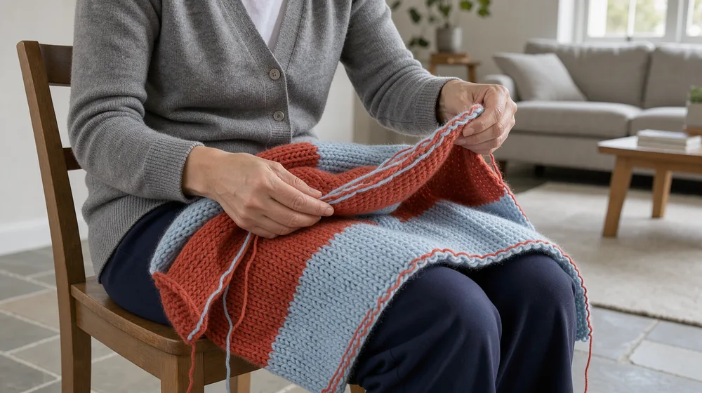 Hands turning a broad red-and-blue knitted blanket, with loose yarn on the pale stone floor below.