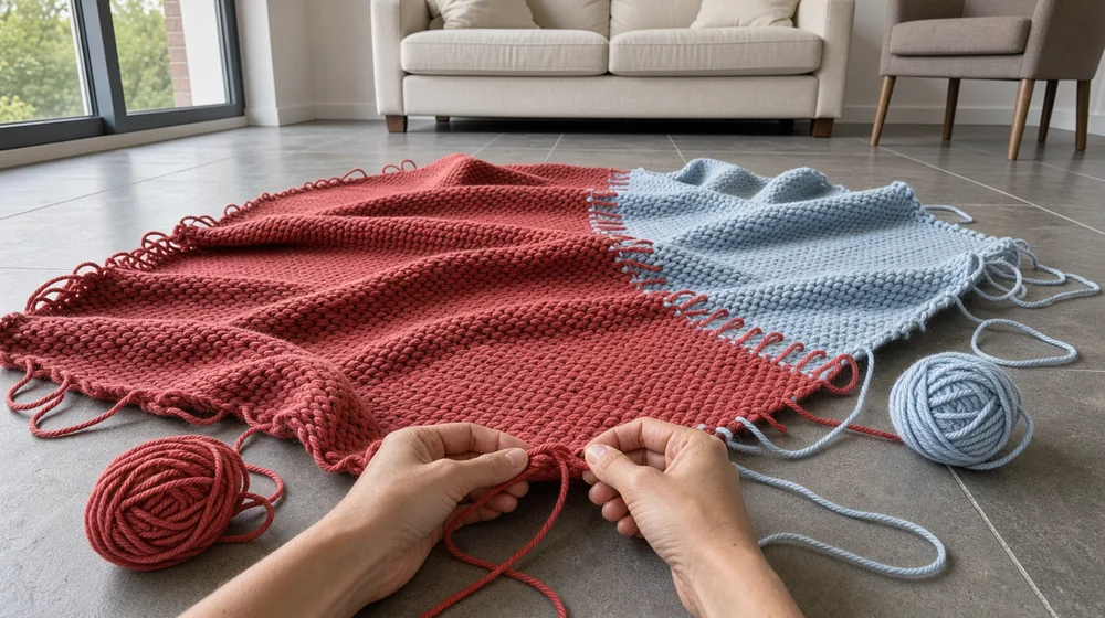 Unequal red and pale-blue areas of a large blanket laid on a stone floor while its edge is being knitted.